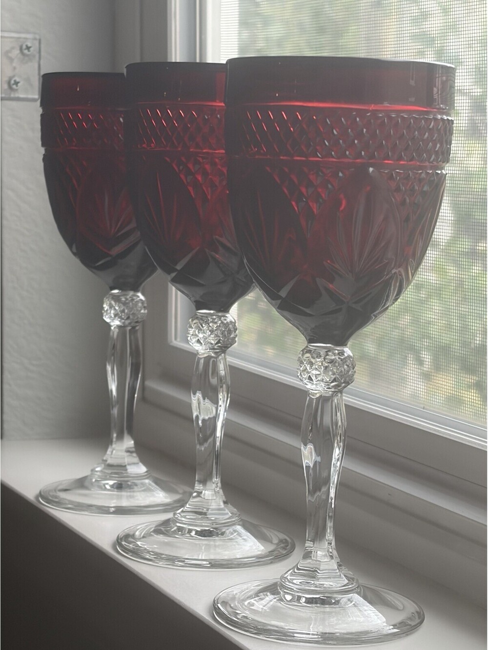 3 Antique Ruby" Cristal D'Arques Water/Wine Goblets Pressed Cut Red & Clear EUC